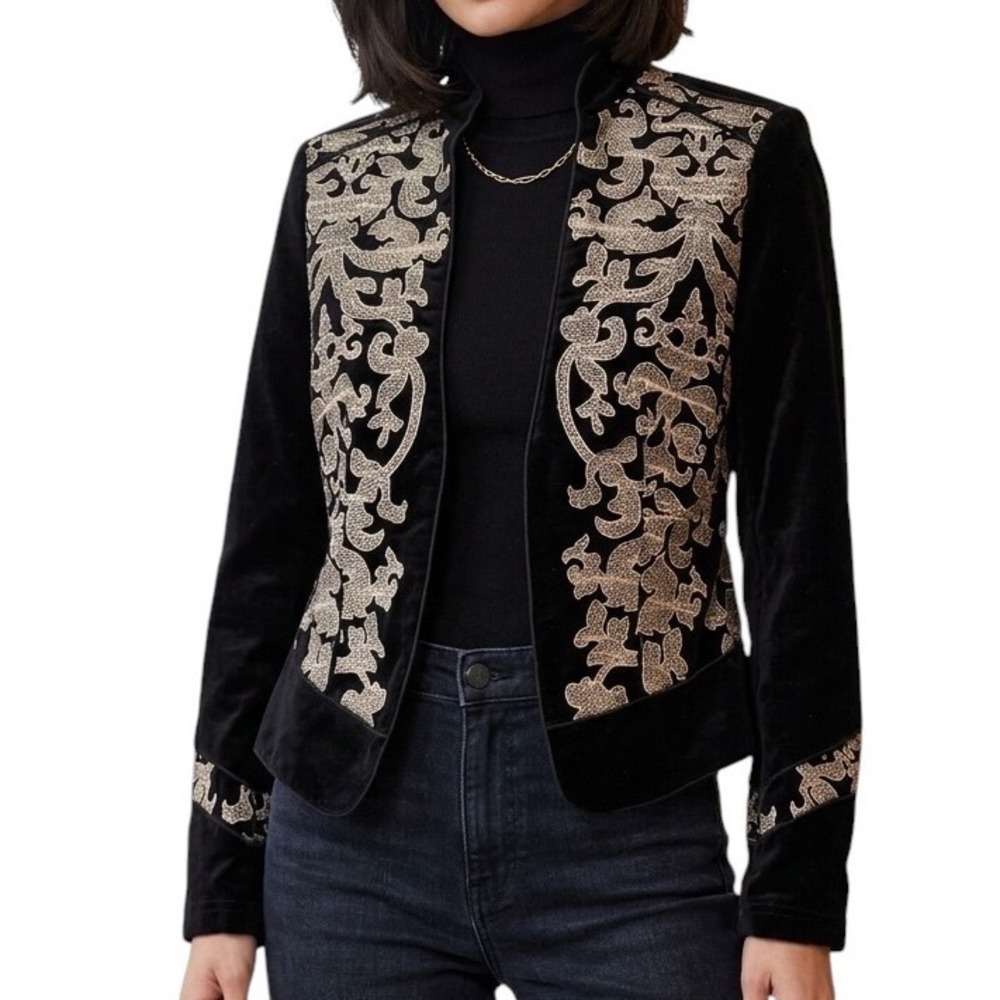 White House Black Market Velvet Embroidered Jacket Womens Black Gold Festive 4 - Picture 3 of 9